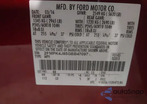 2016 Ford Edge Sel z USA, uszkodzony, nr VIN 2FMPK4J85GBB47097